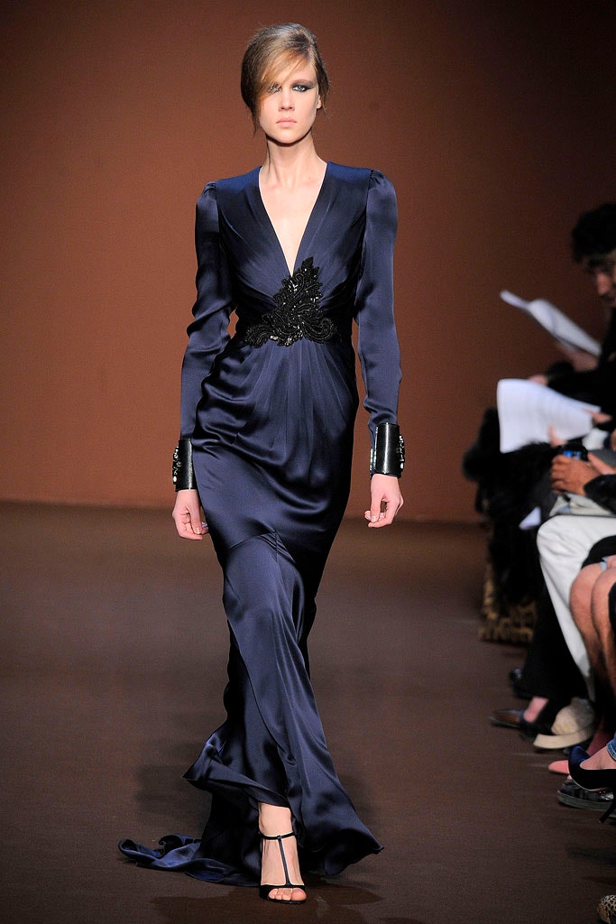 blue silk fitted gown