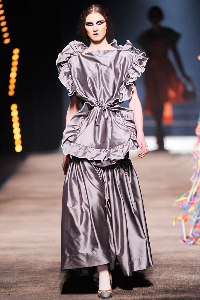 gray silk ruffled maxi dress