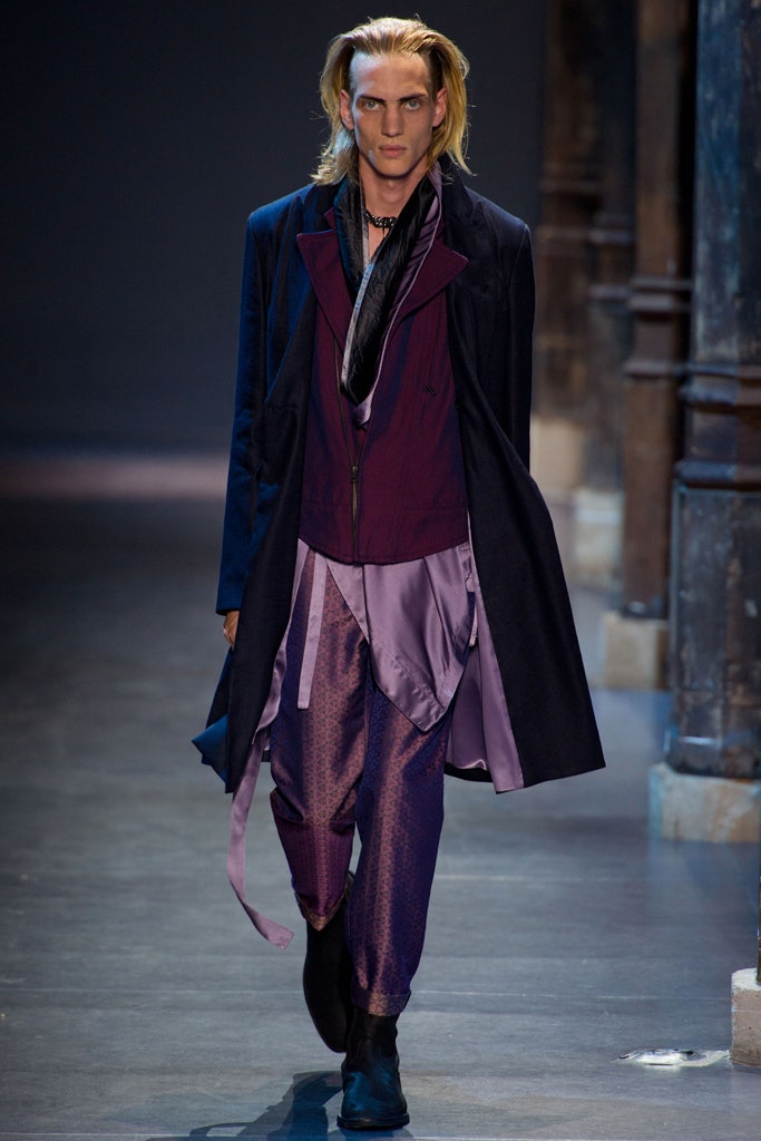 black coat purple vest lavender pants