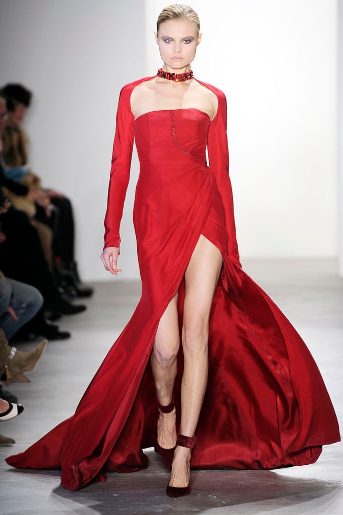 red silk off-shoulder gown