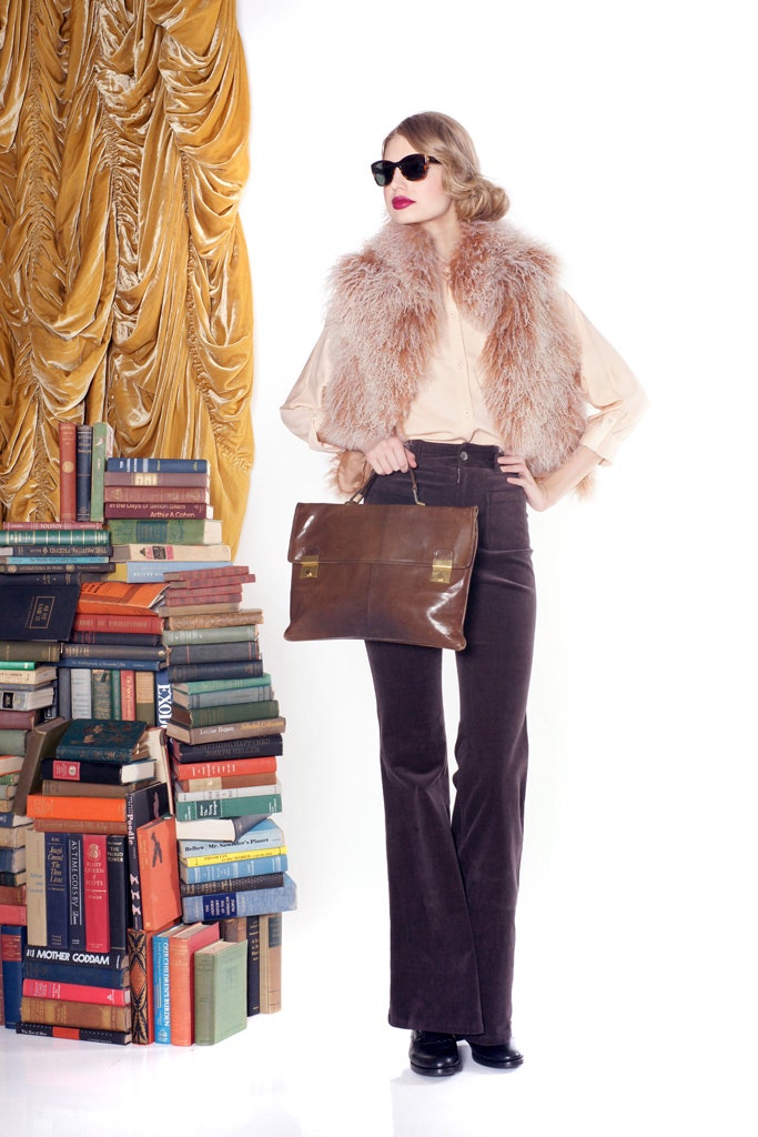 beige silk blouse with brown flared pants