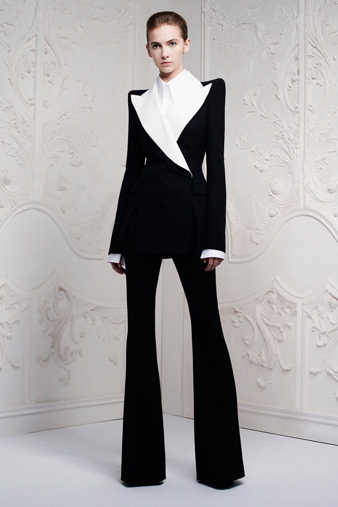 black and white tailored blazer with flared pants