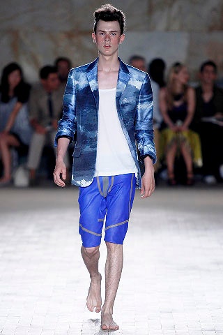 blue neoprene fitted zippered shorts