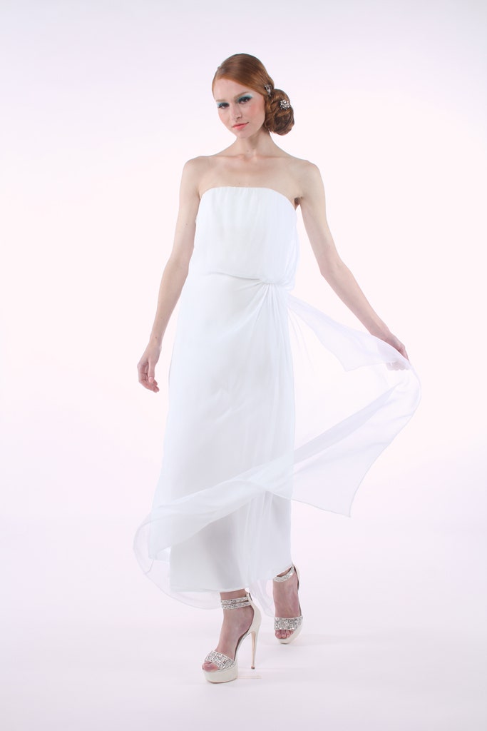 white chiffon strapless gown