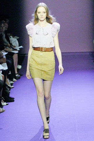 pink silk top with beige mini skirt