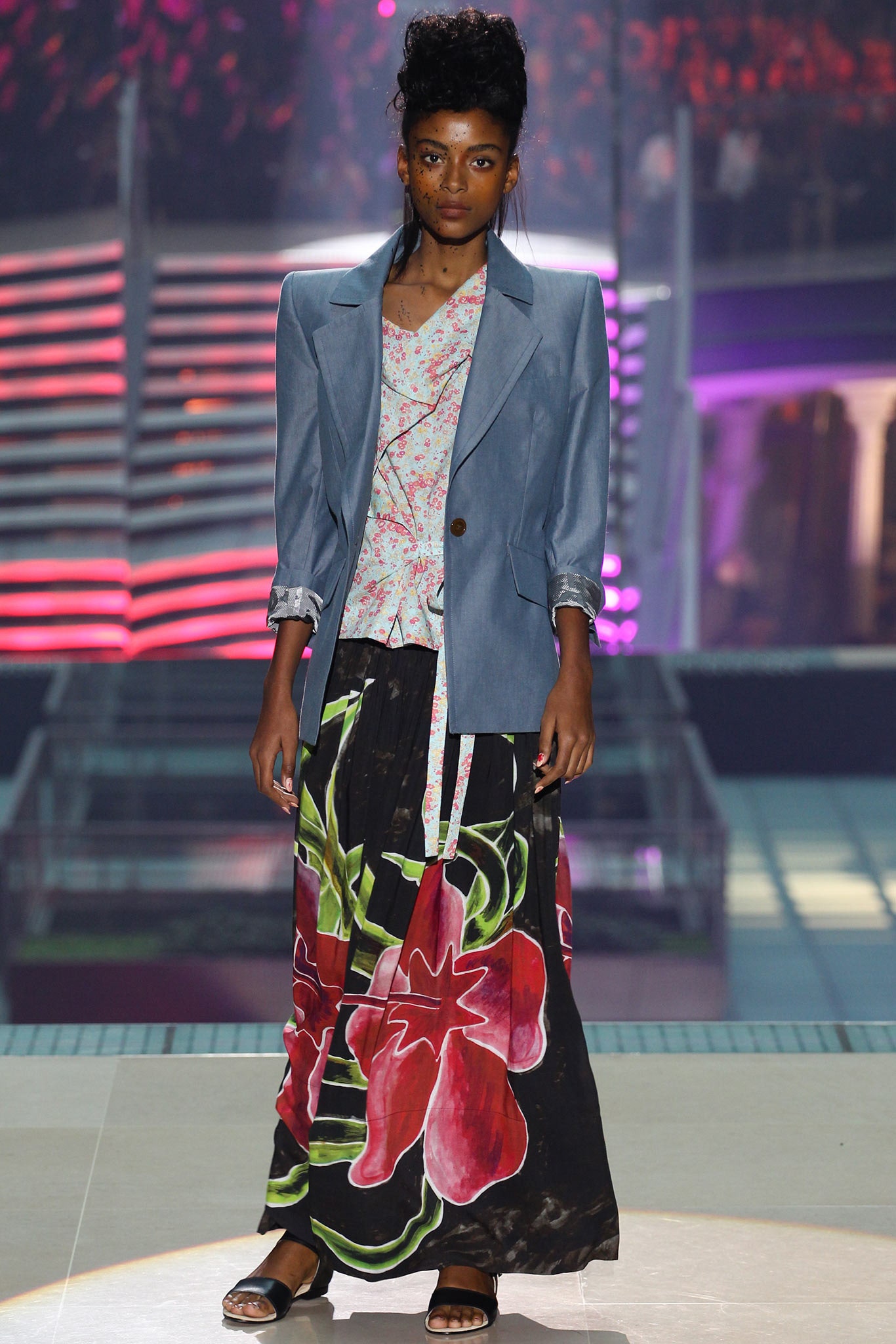 blue denim blazer with printed top and maxi skirt