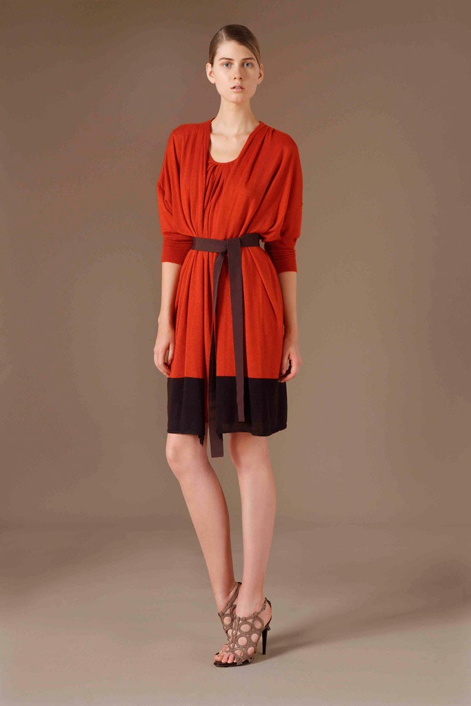orange cotton long-sleeve v-neck relaxed belted layered dress