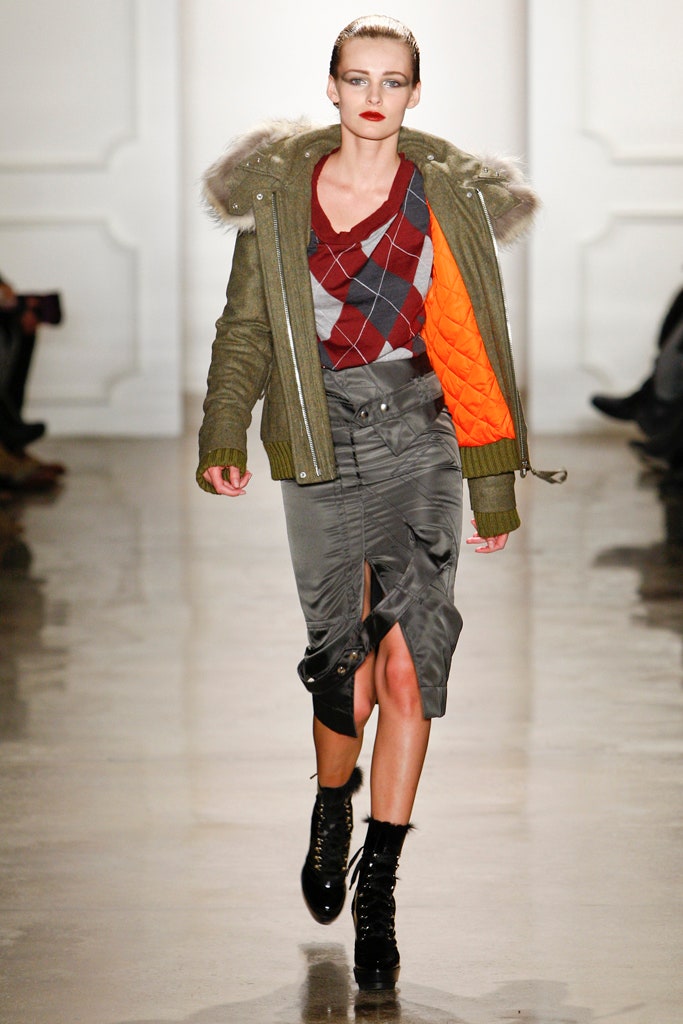 green jacket and gray midi skirt