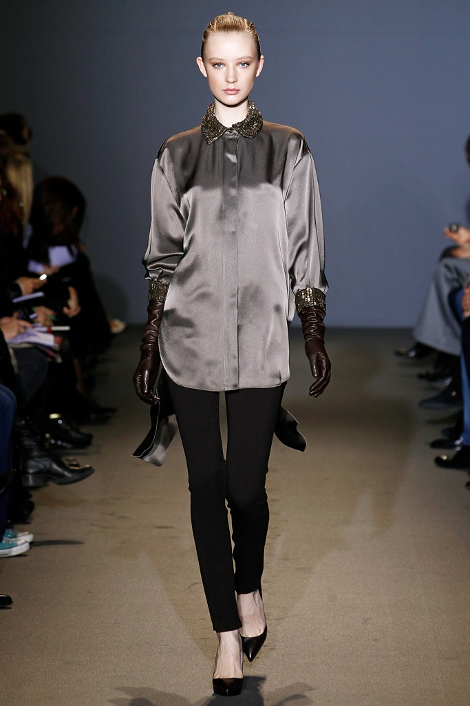 gray silk long-sleeve collared relaxed buttoned shiny shirt