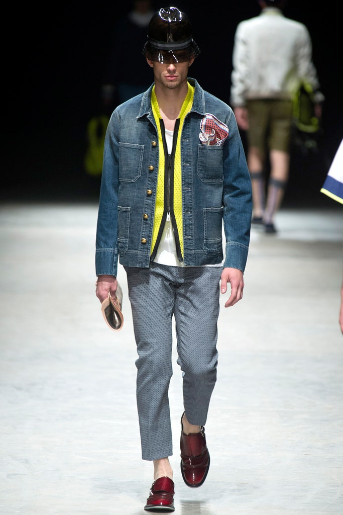 blue denim jacket with gray pants