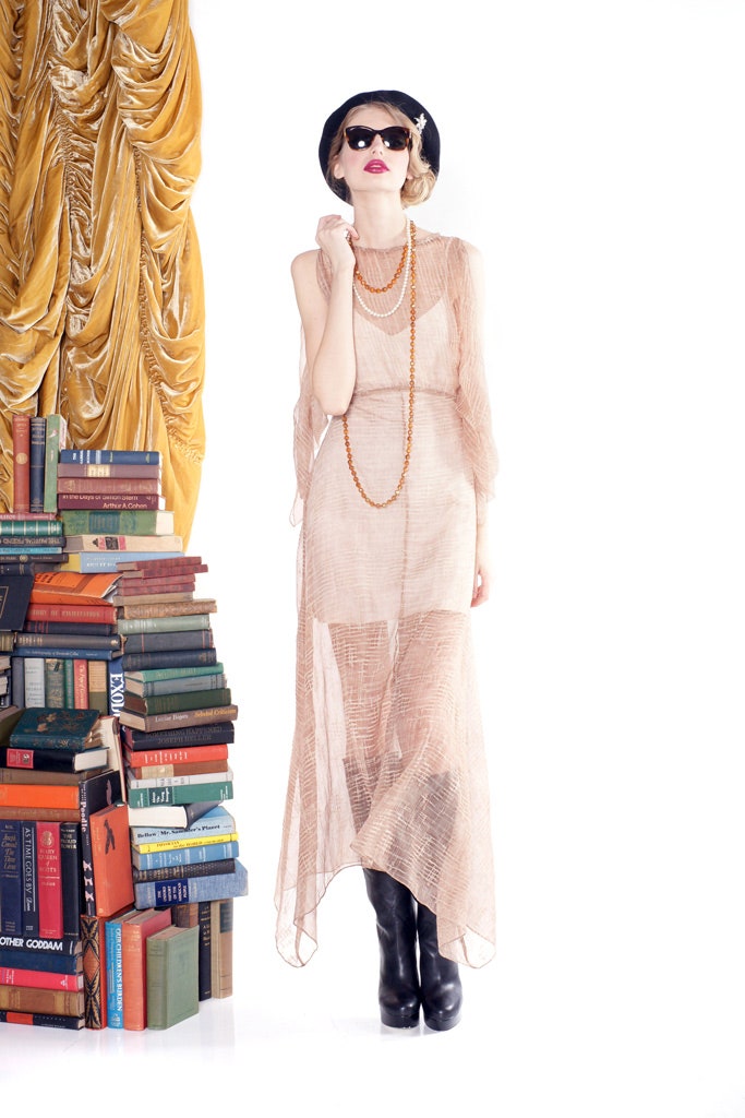 beige sheer sleeveless dress