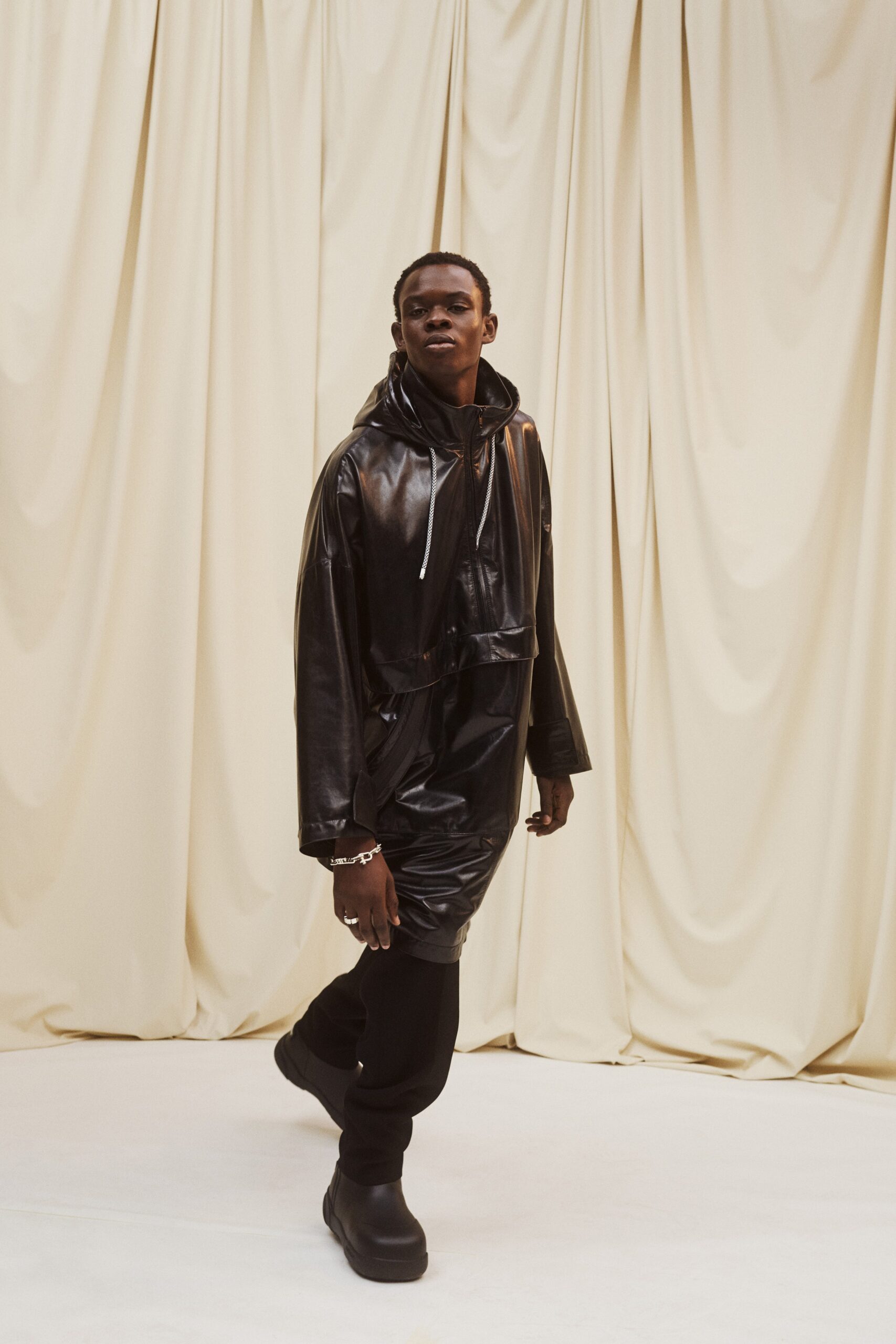 black leather coat with hood