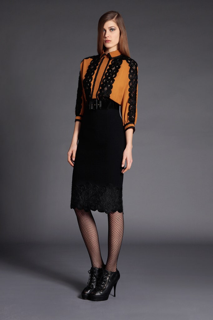 orange silk long-sleeve collared fitted embroidered blouse