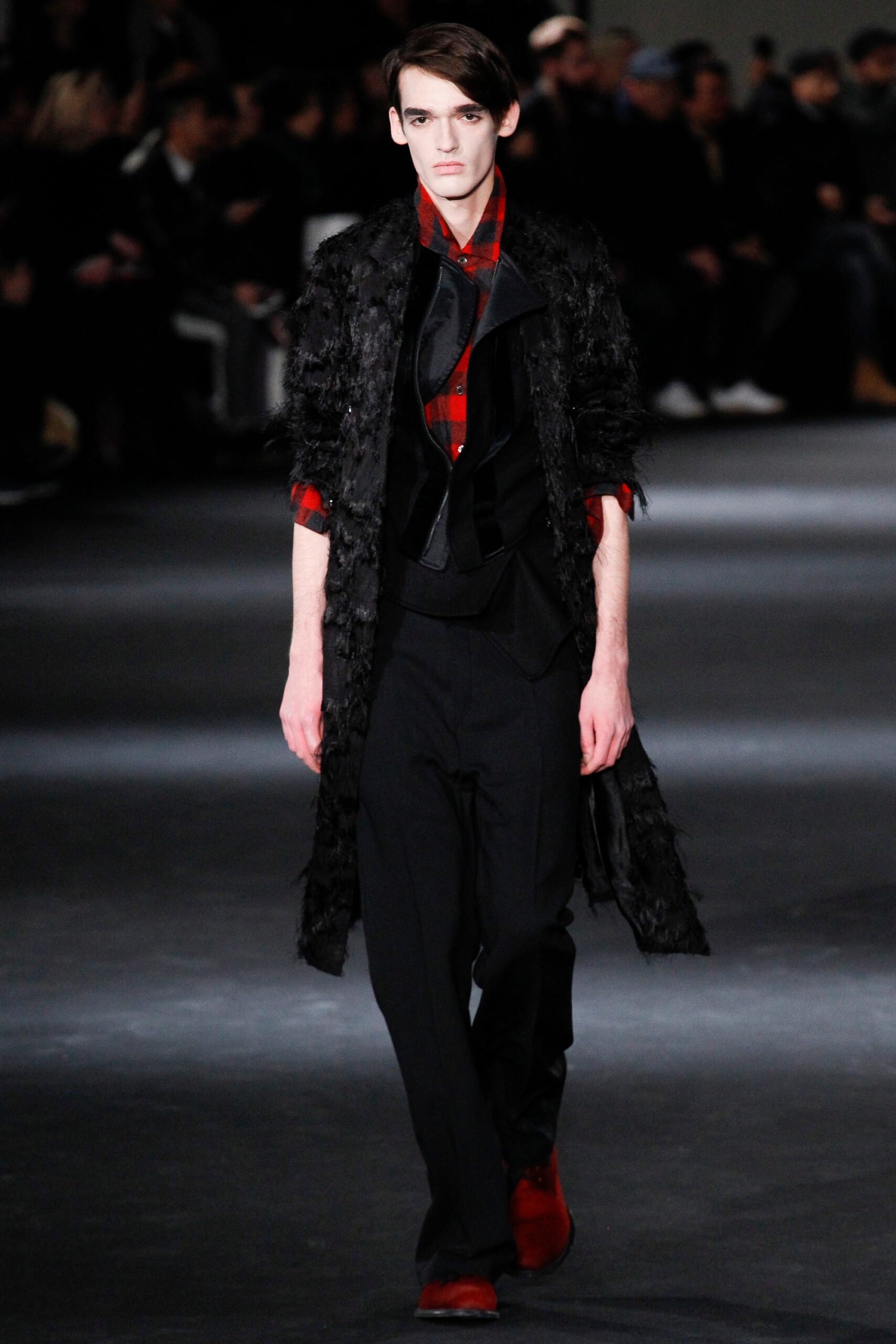 black fur coat with red shirt