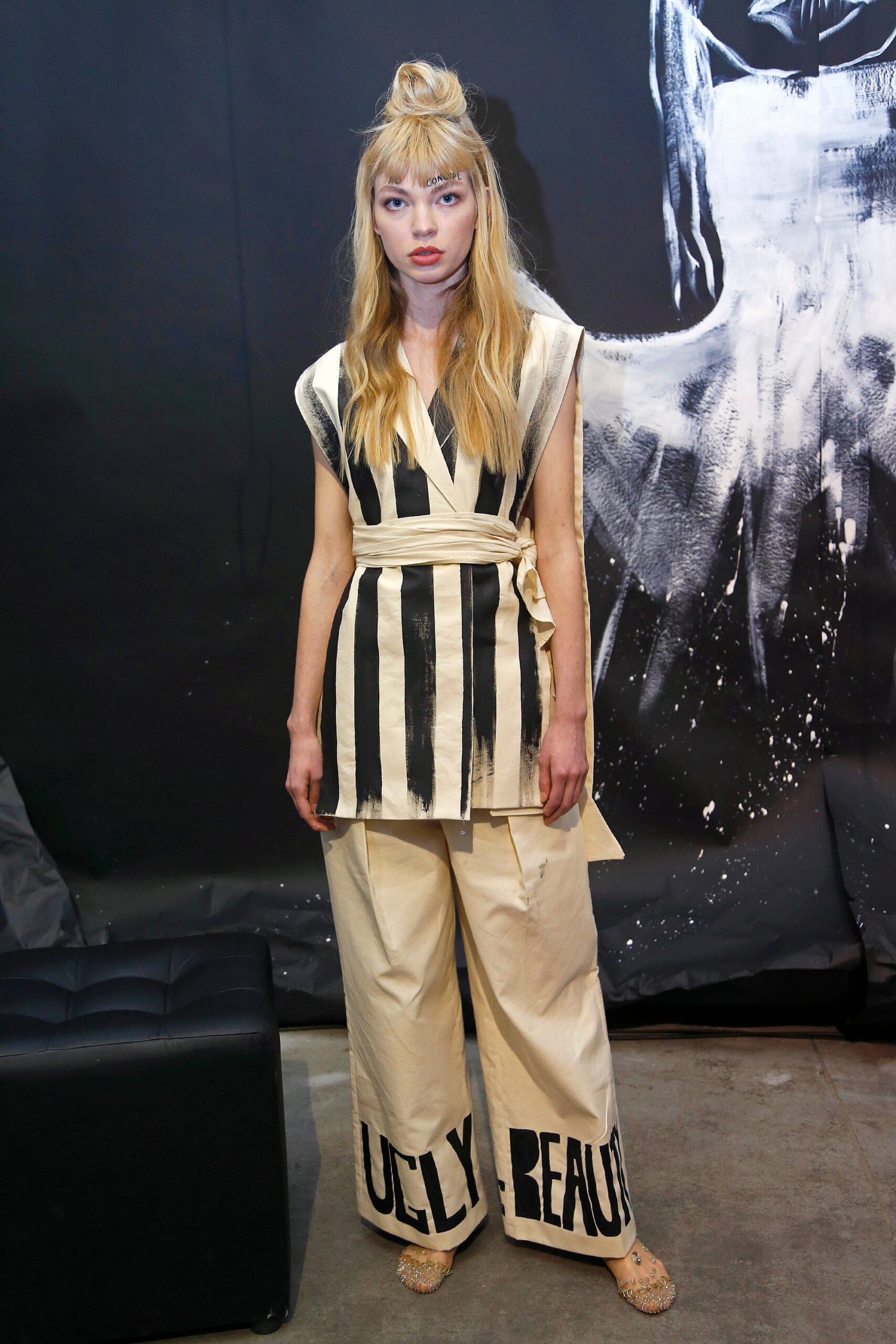 striped top and wide-leg pants