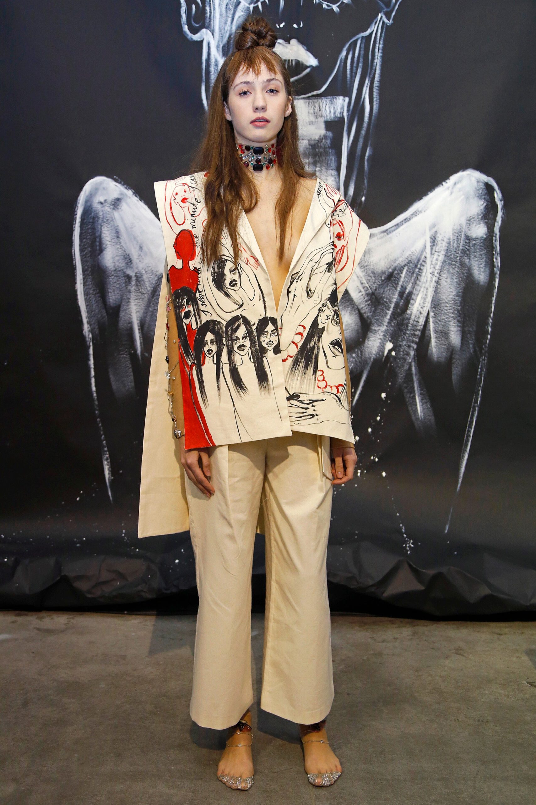 beige printed jacket with wide-leg pants