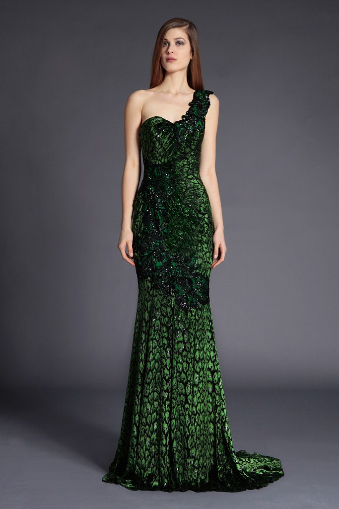 fitted green silk gown