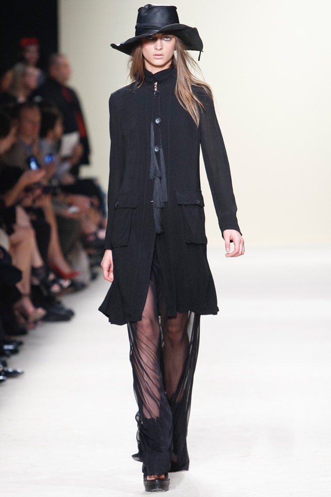black silk long-sleeve collared fitted layered flowing dress