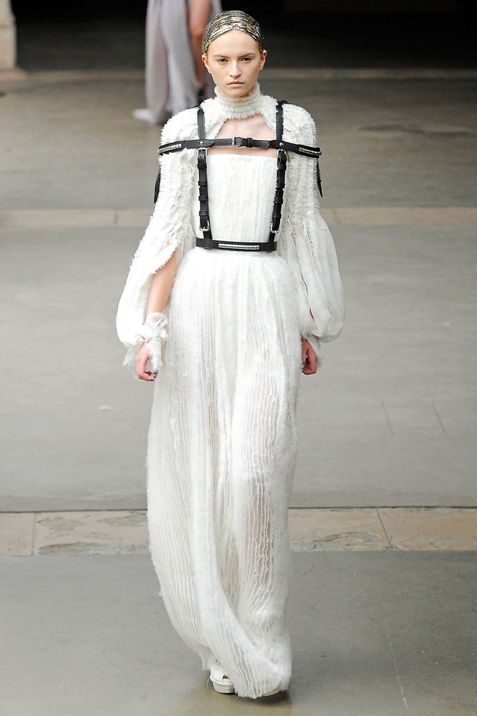 white pleated long-sleeve gown