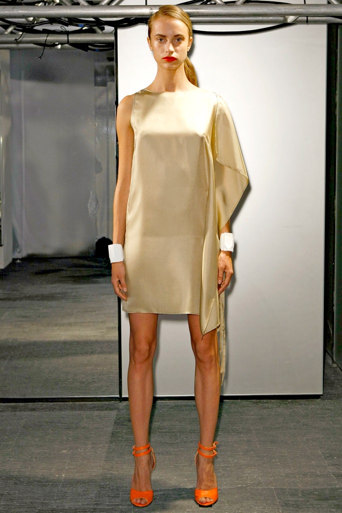 beige silk sleeveless asymmetric fitted draped short dress