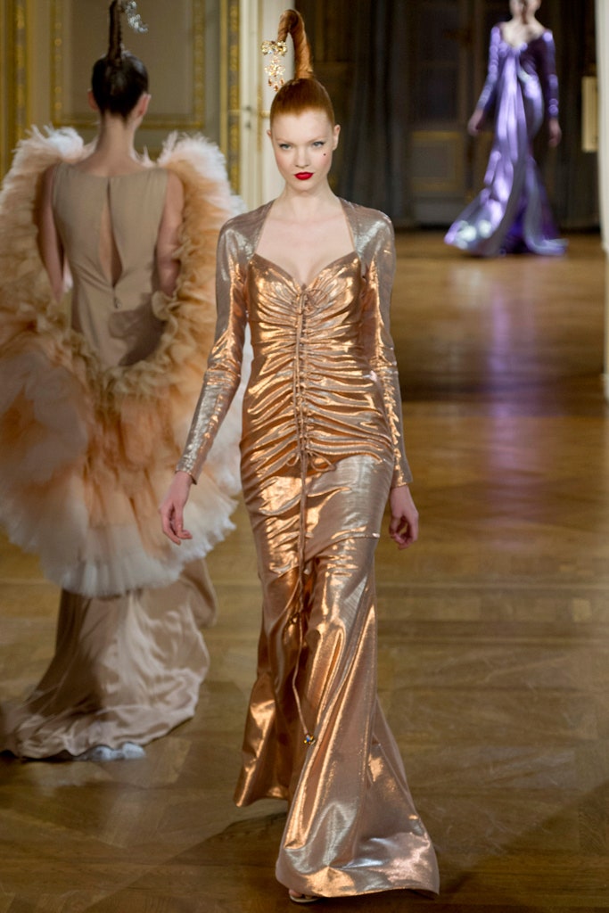 fitted gold silk gown