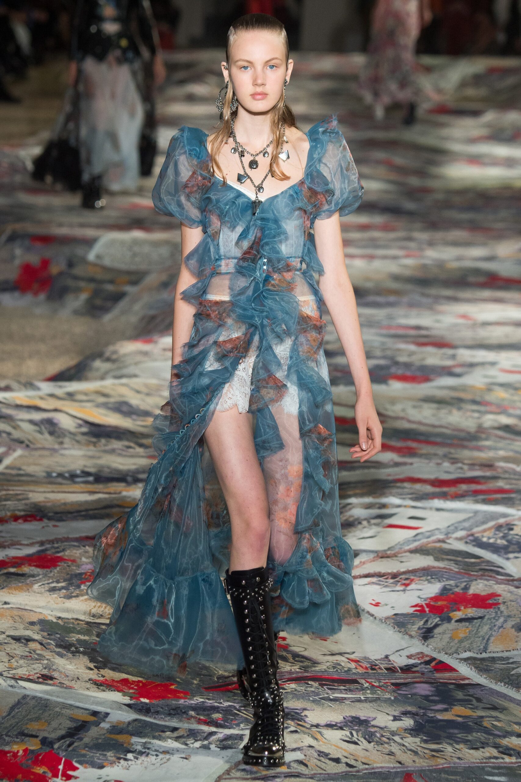 blue chiffon ruffled midi dress with black boots