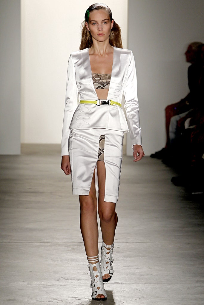 white silk long-sleeve collared tailored buttoned flared blazer