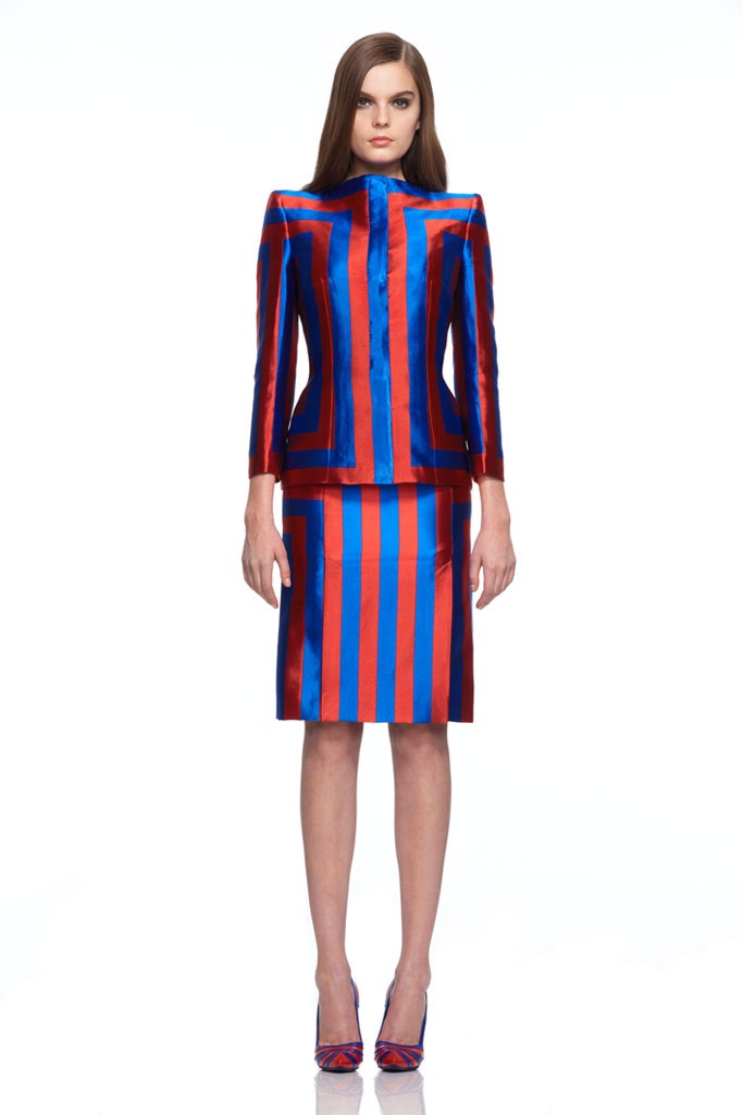 fitted red and blue blazer and skirt