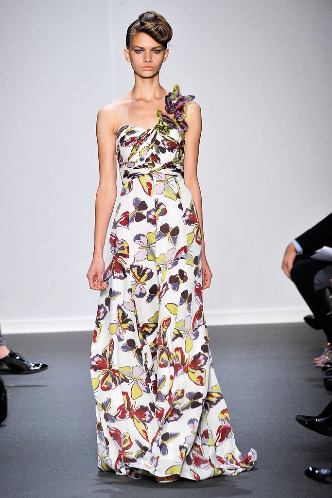 floral strapless silk gown