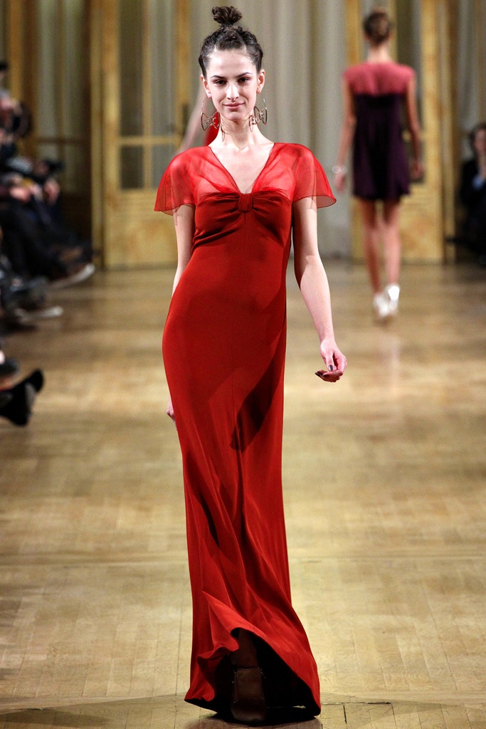 fitted red silk gown