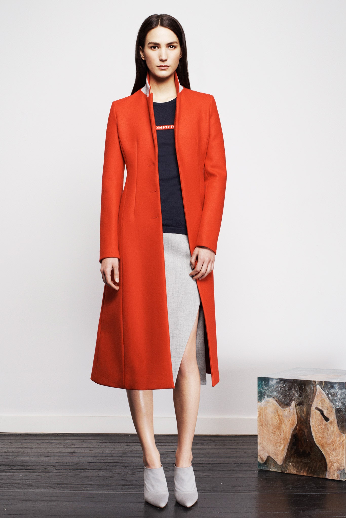 red wool long-sleeve collared fitted straight-leg midi coat
