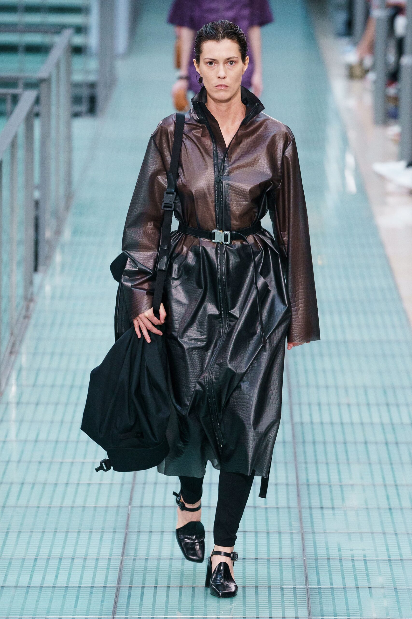 brown vinyl long-sleeve collared relaxed zippered belted coat