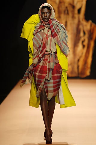 yellow oversized coat with checked dress
