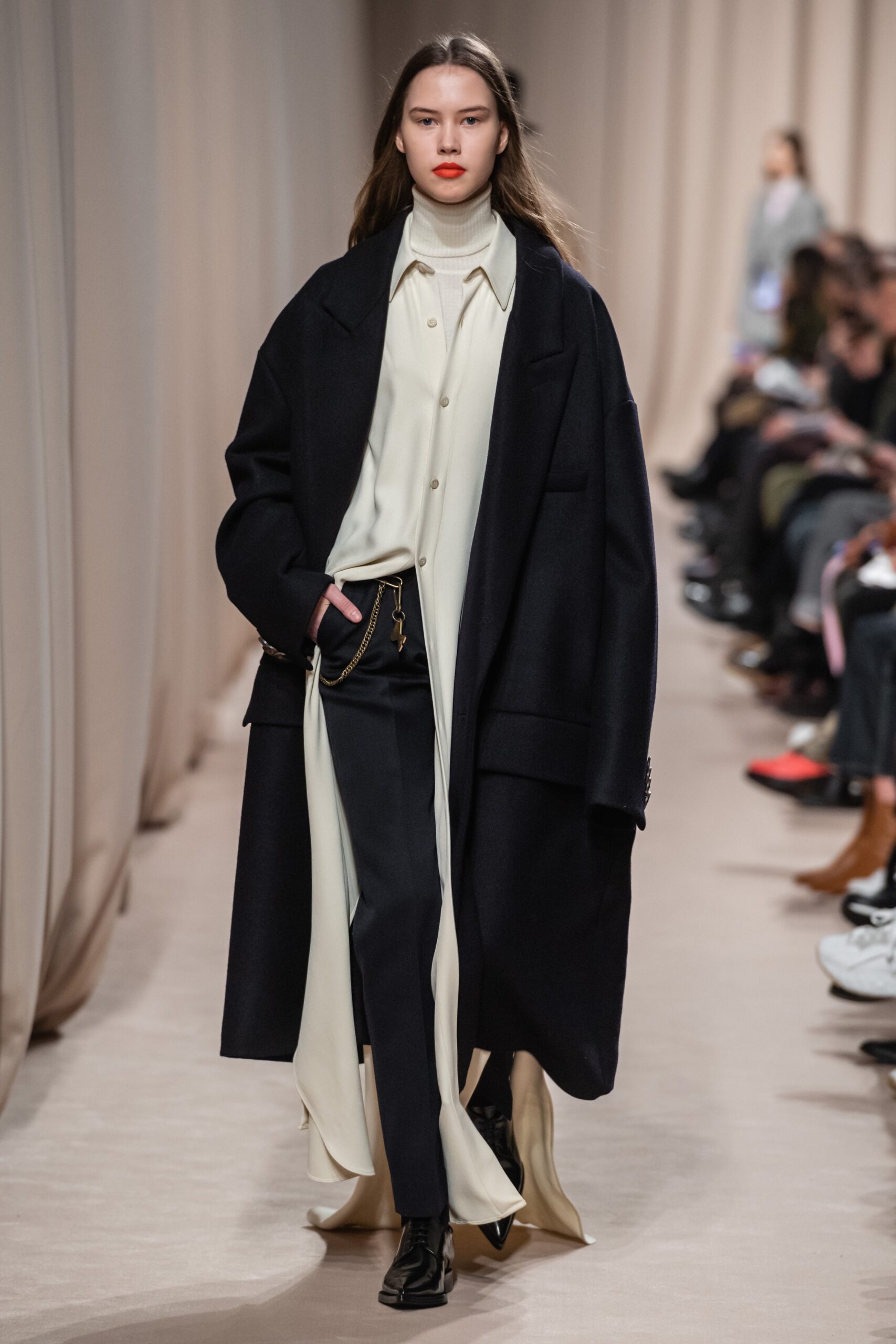 oversized black coat with fitted shirt
