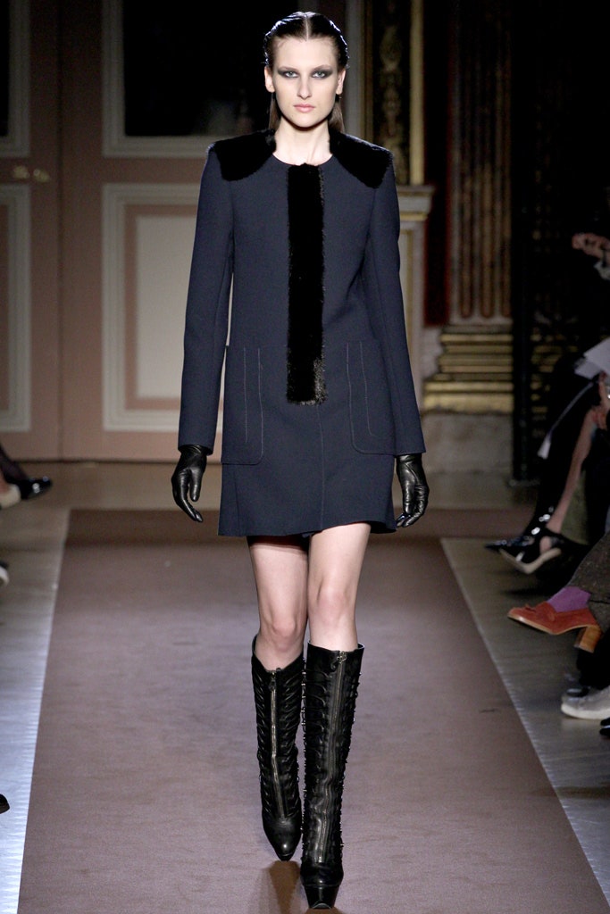 black wool long-sleeve collared fitted straight-leg mini dress