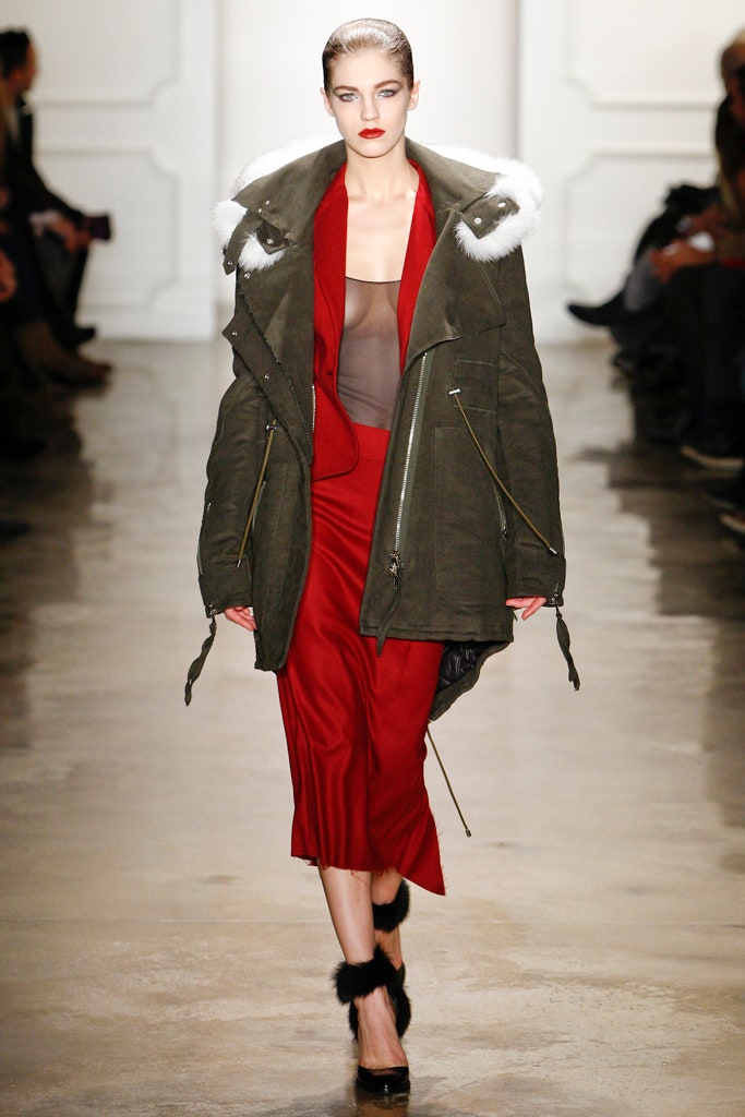 green coat and red midi dress