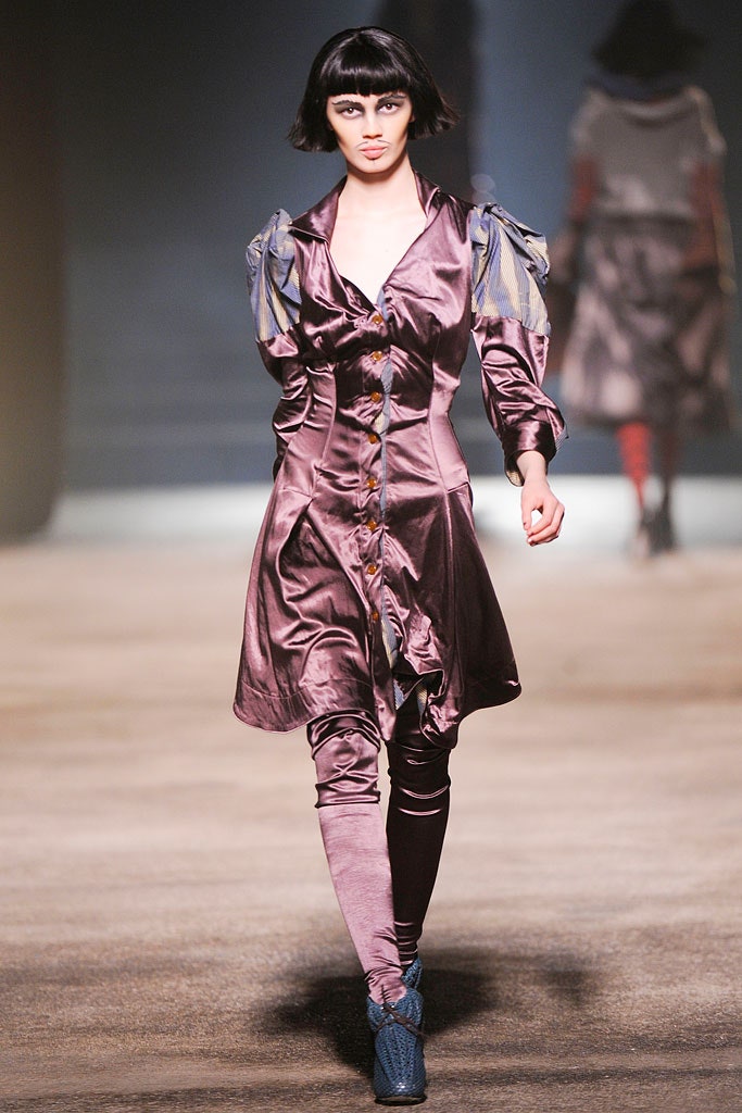 purple silk long-sleeve collared fitted buttoned draped dress