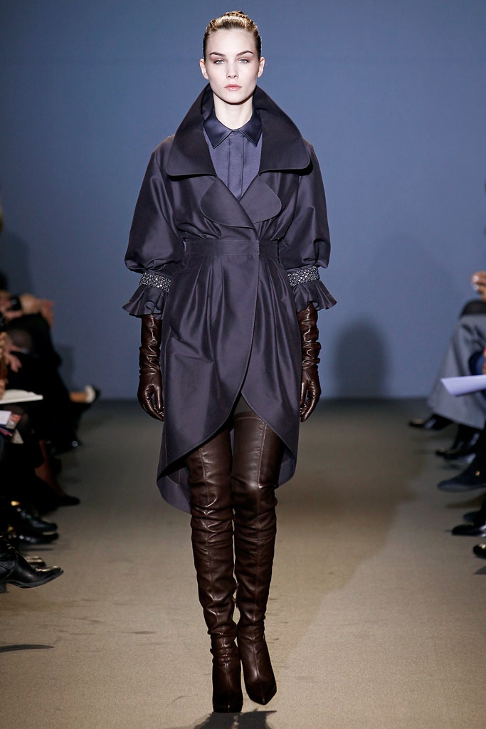 black silk long-sleeve collared fitted draped midi coat