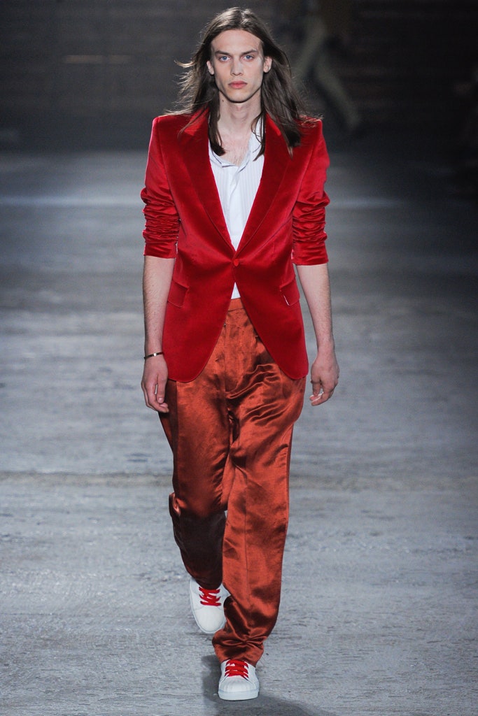 red velvet blazer with orange pants