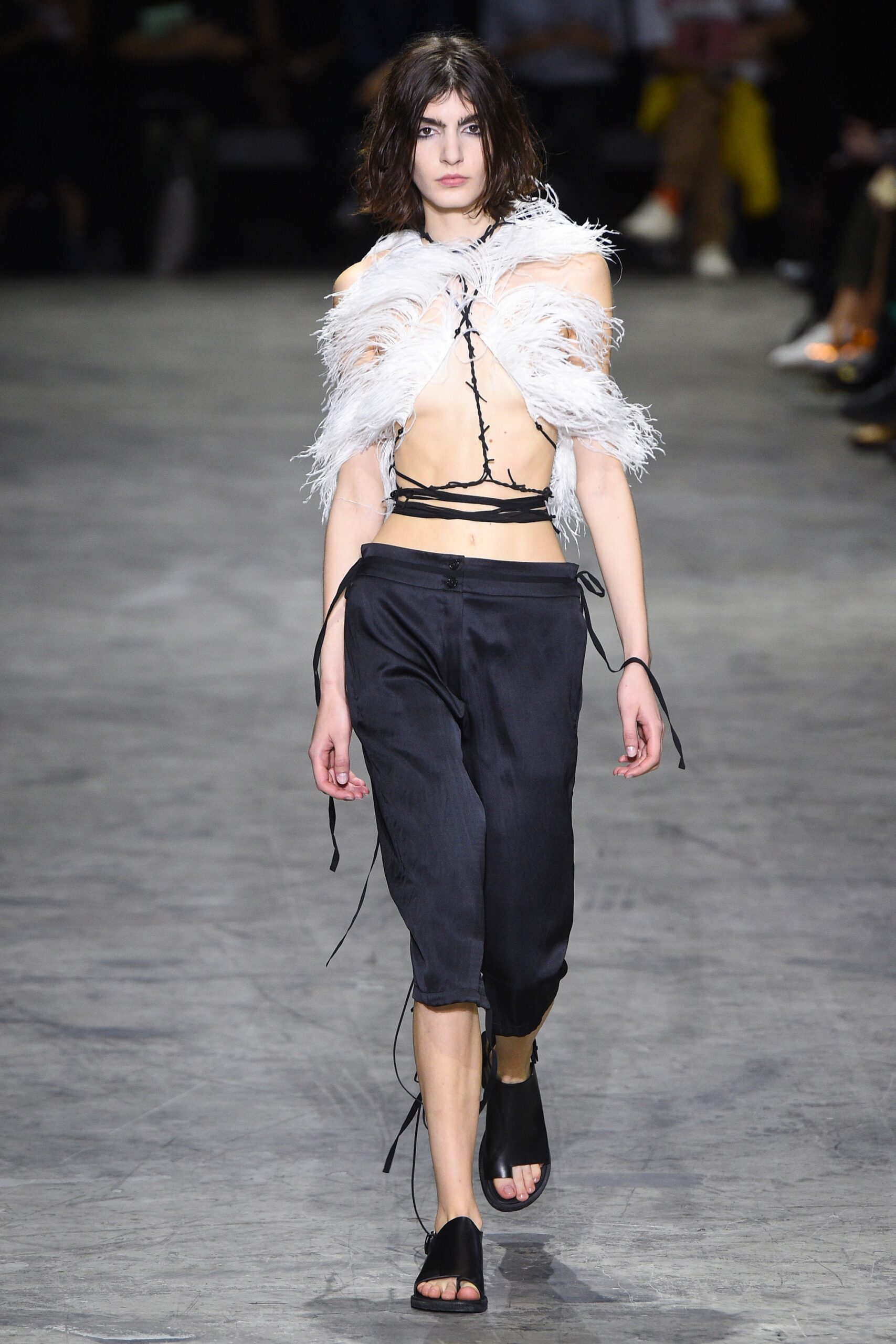 white feather top with black pants