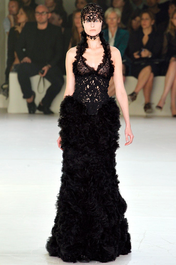 black lace ruffled gown
