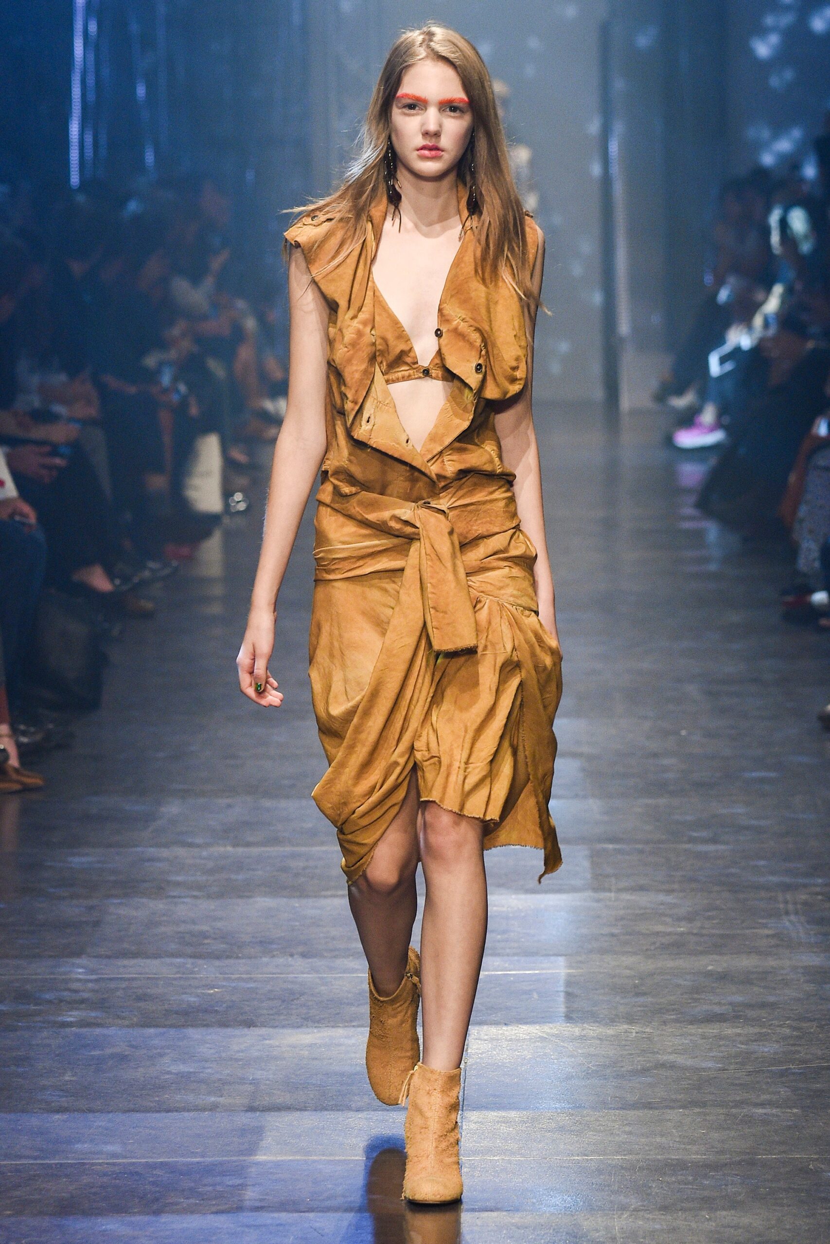 brown leather sleeveless v-neck fitted draped belted dress