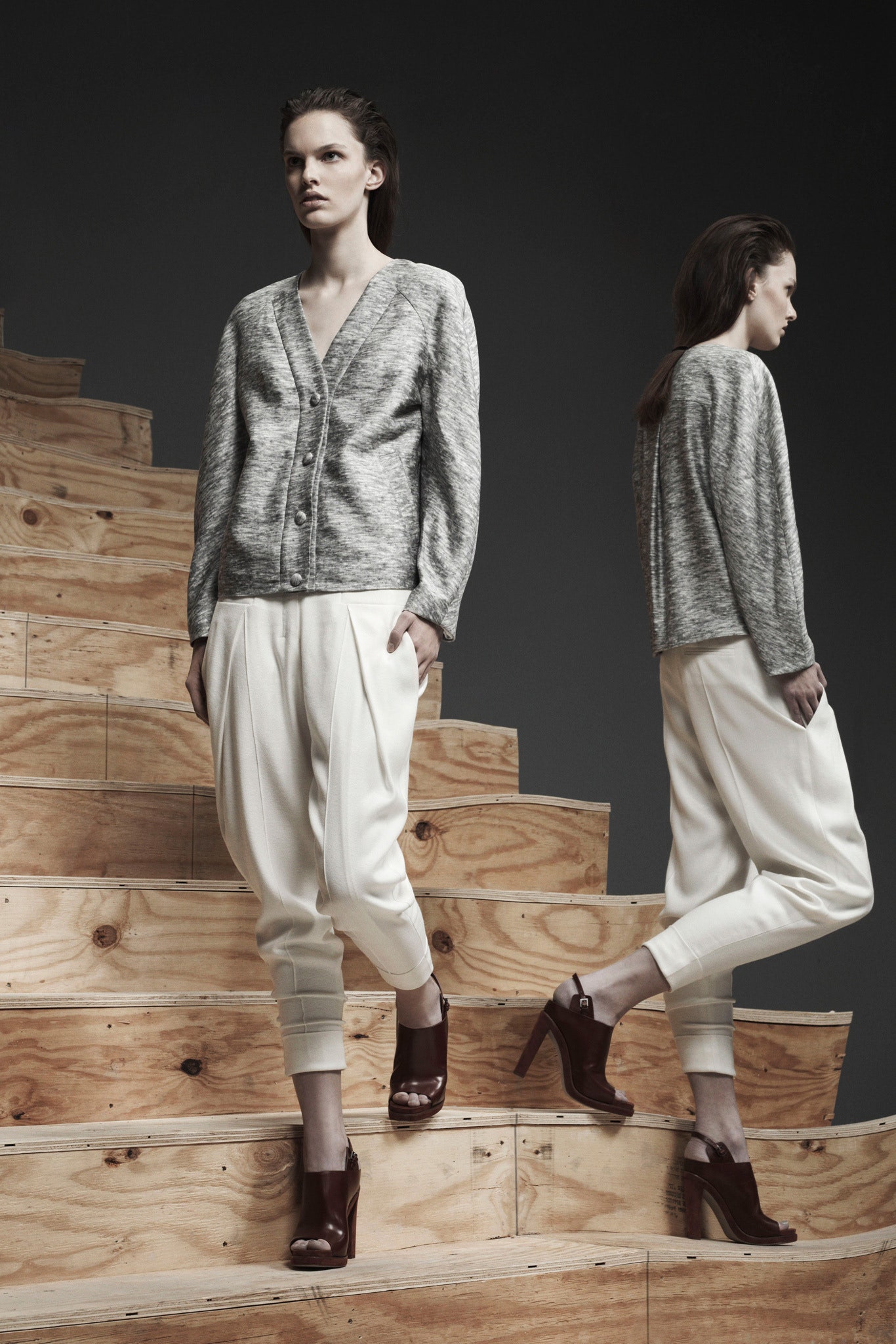 gray cardigan white pleated pants