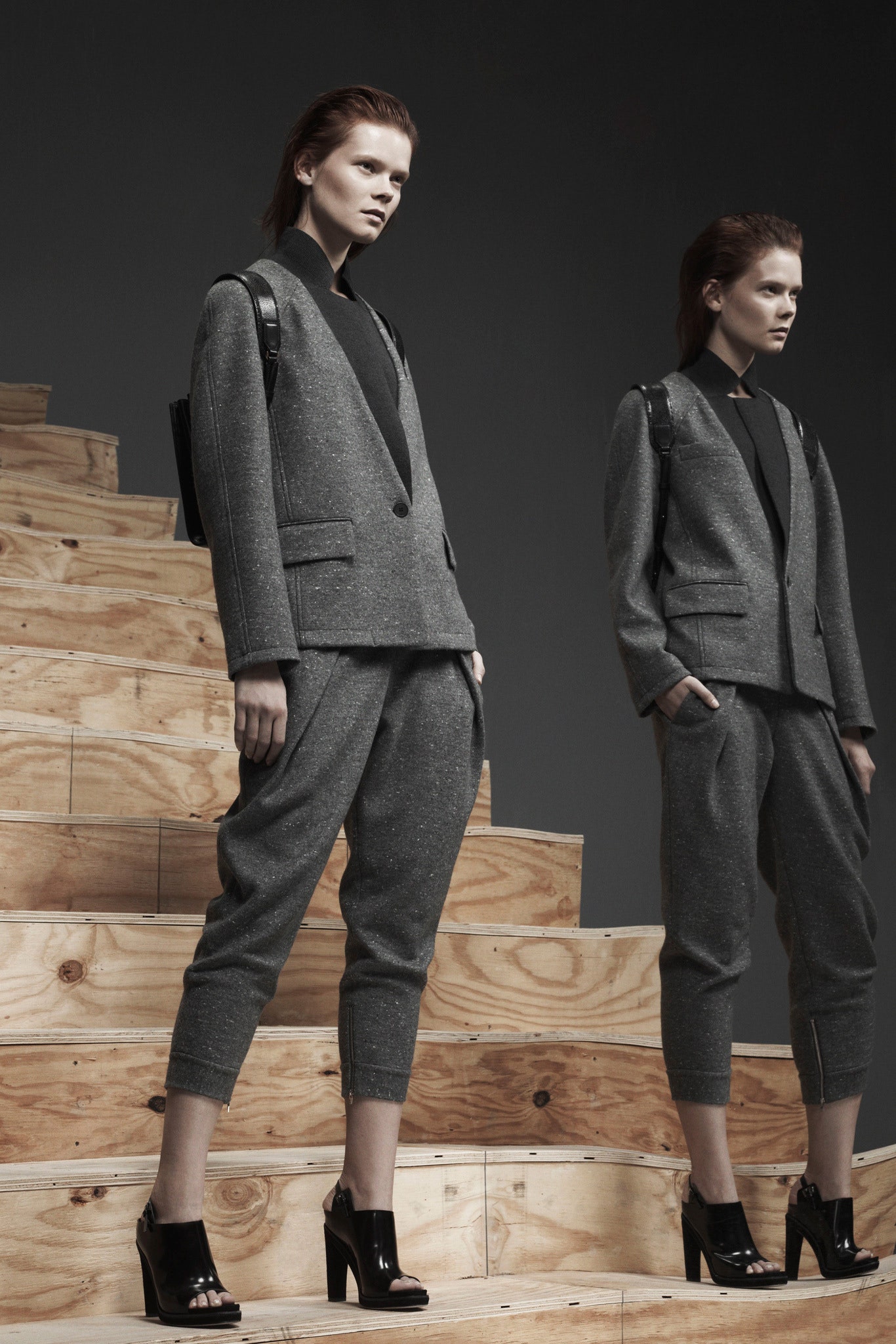 gray tailored suit with heels