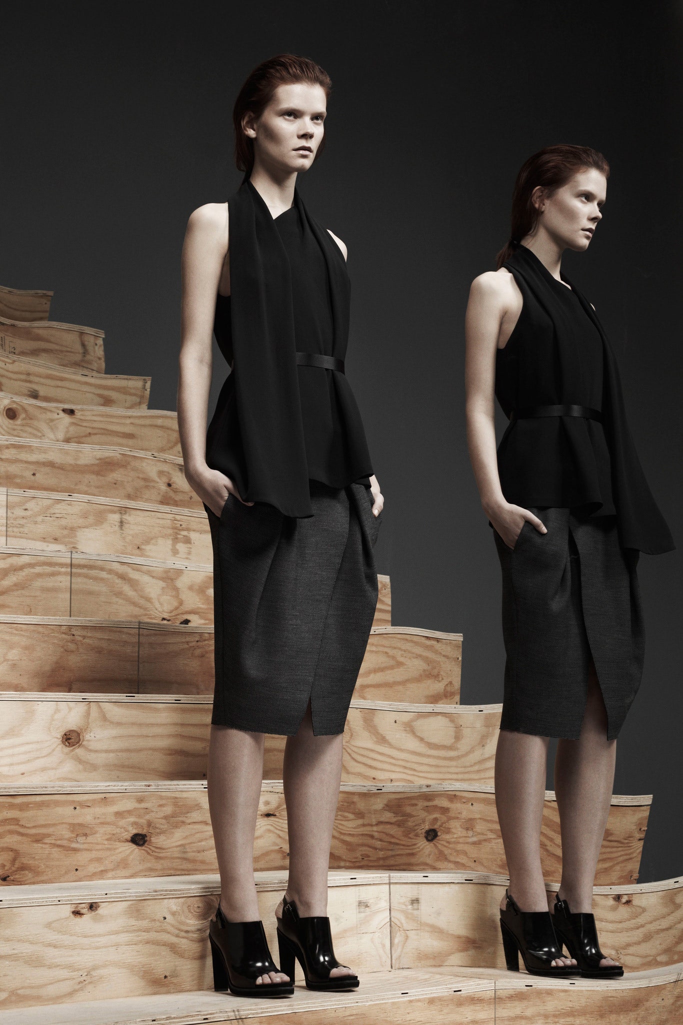 black silk top gray pencil skirt