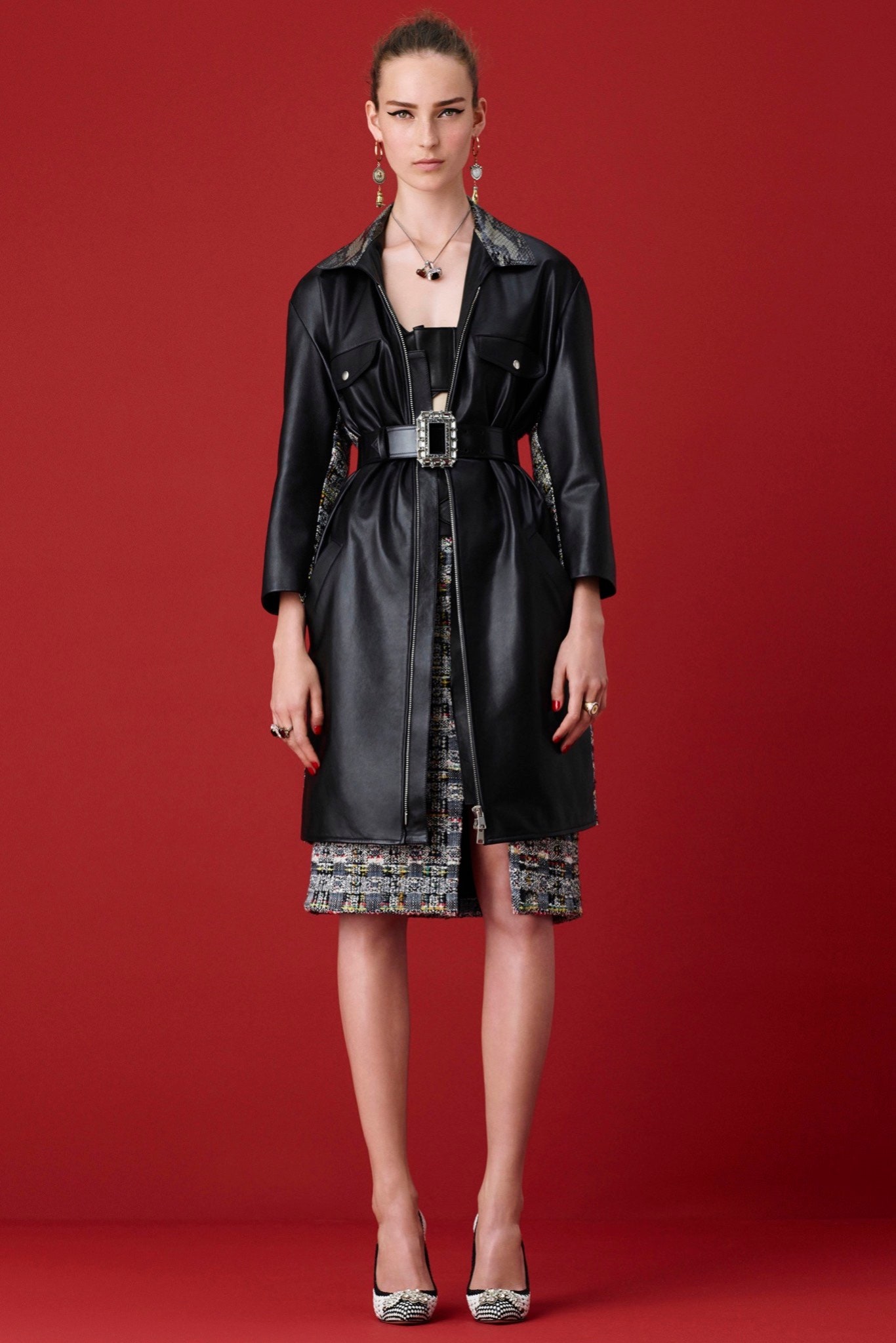 black leather coat and multi tweed dress