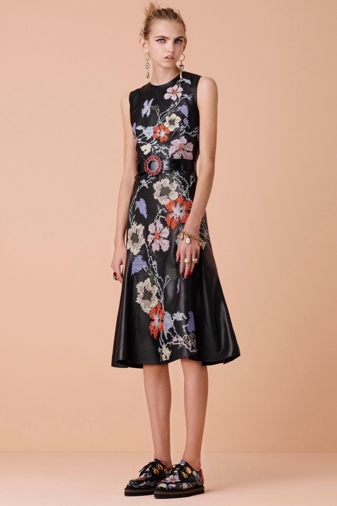 black leather floral dress