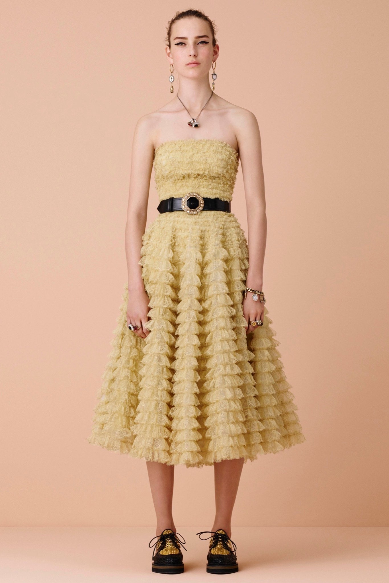 yellow ruffled midi dress