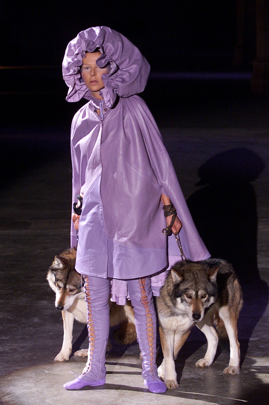 purple leather cape and dress