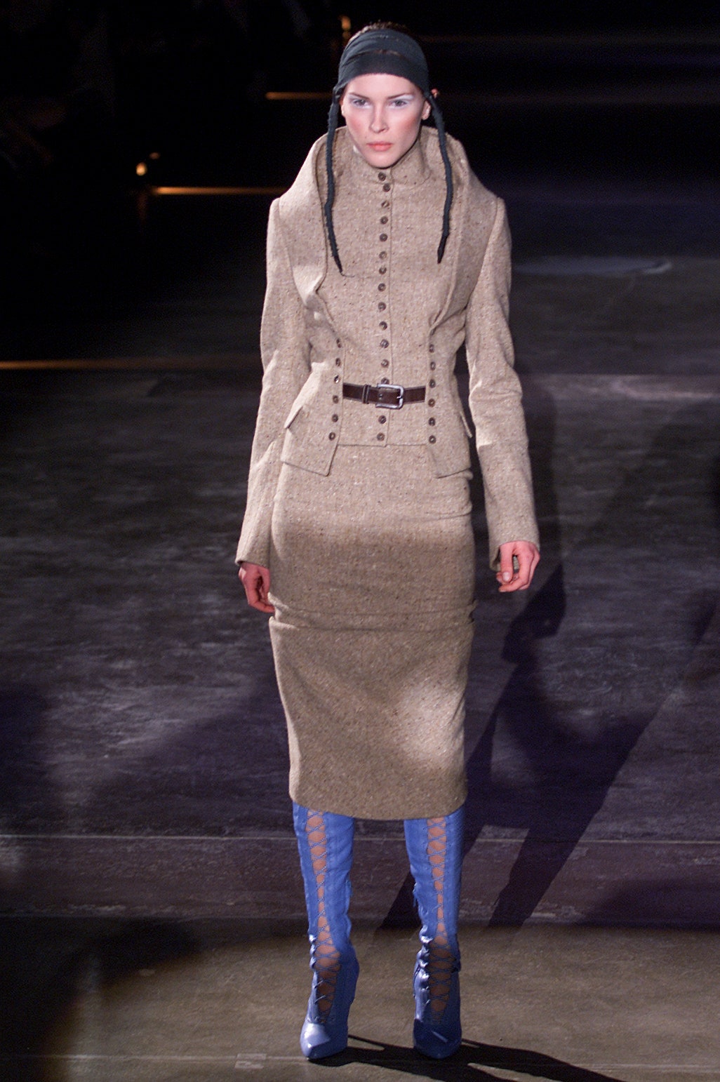 beige wool long-sleeve collared fitted buttoned pencil dress